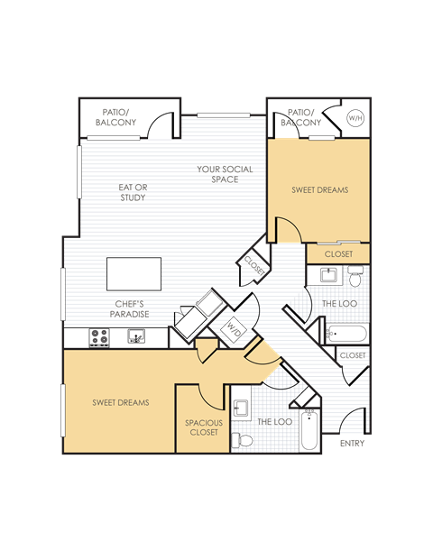 Floor plan for 2 beds, 2 baths, 1311 sqft